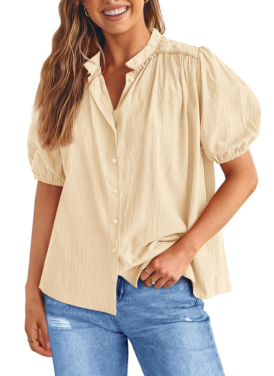 PRETTYGARDEN shirt with button down design and short lantern sleeves