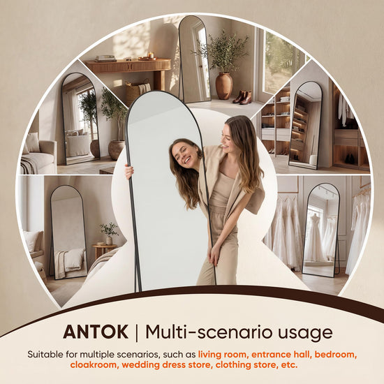 Antok arched floor mirror — aluminum frame, free standing or wall mount