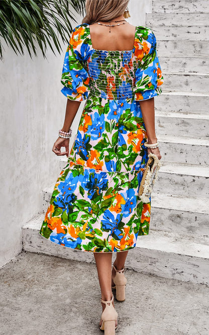 PRETTYGARDEN dress with puff sleeves and floral design.