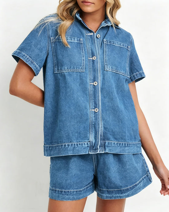 Kedera coordinated outfit — summer denim set with short sleeve boxy shirt and shorts pants