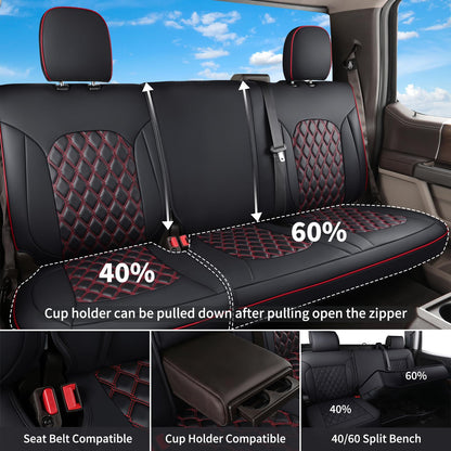 Huidasource vehicle seat covers - Full coverage for 2015-2025 Ford F150 SuperCrew and F250 F350 F450 Super Duty Crew Cab in black and red