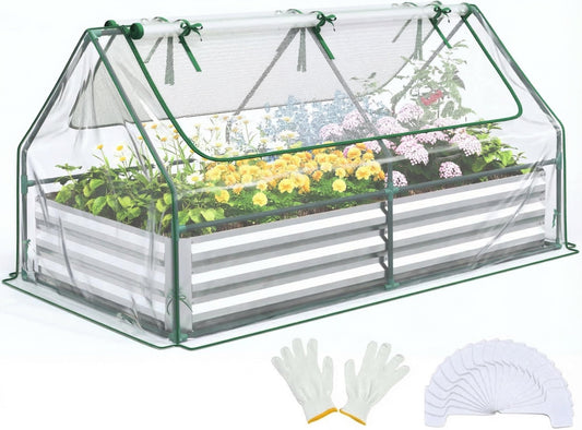 Raised Garden Bed with Greenhouse Cover — 6×3×1 ft Galvanized Steel