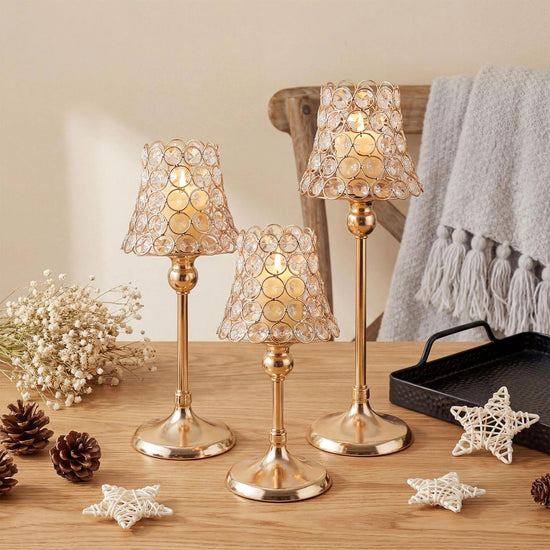 Gold Crystal Metal Candle Holders Set of 3 Tealight for Table Centerpieces