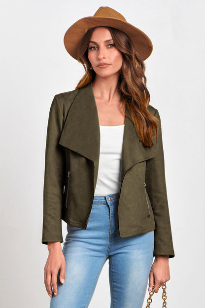 PRETTYGARDEN faux suede cropped coat with open front design