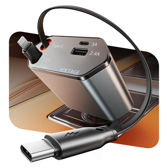 GUSGU charging adapter with retractable 2.6ft cord and USB-C, Lightning cables
