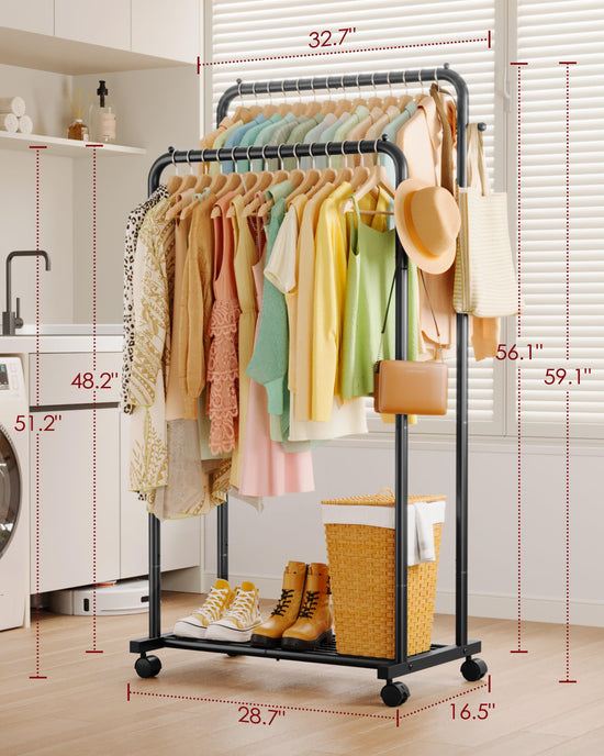 Sakugi clothes rack — Double rods with mesh shelf and wheels for laundry use