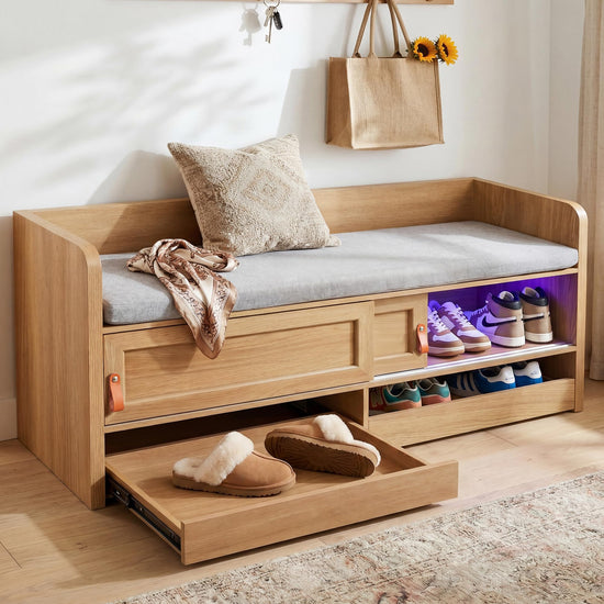 STO'SENSE Premium Entryway Bench with Storage & Invisible UV Shoe Care Modern Oak Mudroom Bench with Hidden Sliding Doors & Pop-Out Drawers Upholstered Seating, 47" (Oak)