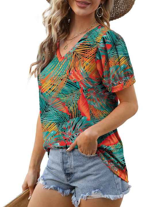 Geifa women's v neck puff short sleeve shirt - casual loose fit summer top