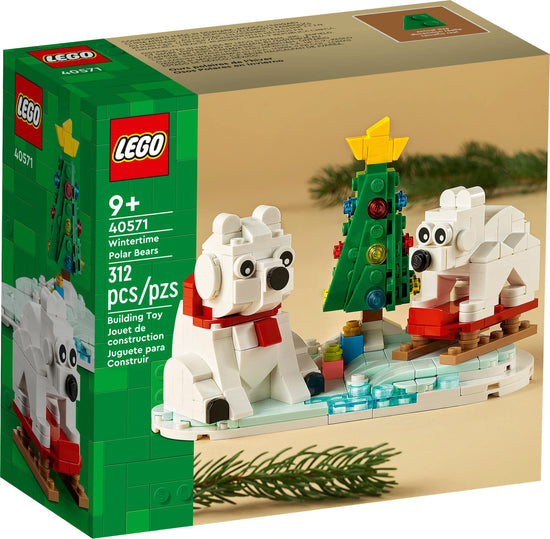 LEGO building blocks — wintertime polar bears with Christmas tree and two toys