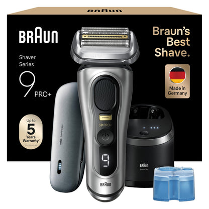 Braun Series 9 Pro+ electric shaver — stainless steel, battery powered