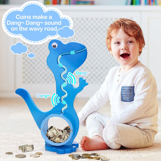 AORCMITN wooden dinosaur piggy bank — clear big belly design for kids