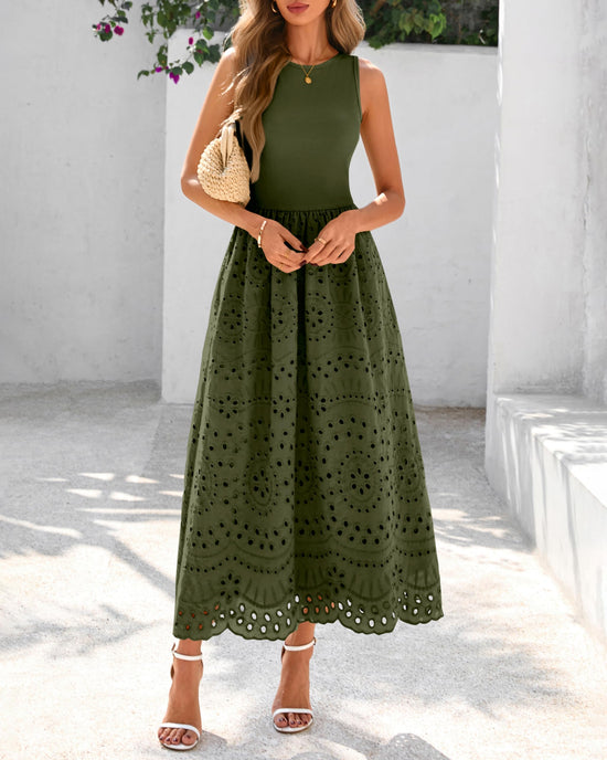 Dowerme dress — Casual sleeveless A-line maxi with pockets and lace eyelet detail.