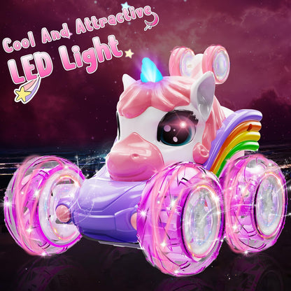 Kikikid Unicorn remote control car — 360° rotating 4WD stunt vehicle with lights and rechargeable battery.