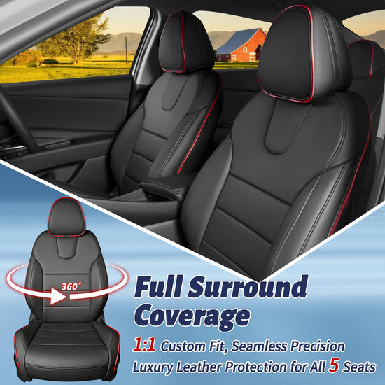 HKZ Elantra seat covers — custom fit leather full set in black and red for Hyundai Elantra 2021-2026 SE/SEL/SEL Sport & Hybrid with rear bench and fixed headrests.