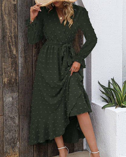 BTFBM long sleeve maxi dress — Swiss dot boho style with flowy slit