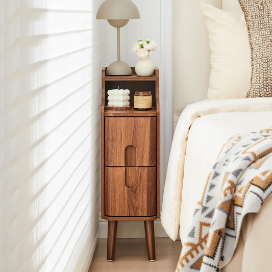 Narrow End Table Living Room, Wooden Small 2 Drawer Nightstand Bedroom, Thin Couch Side End Table, Vintage Skinny Bedside Table Small Spaces, Mid Century Modern Night Stand with Drawers (Walnut-1 pc)