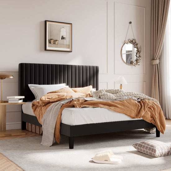 Bed frame — Upholstered platform with adjustable headboard and velvet fabric