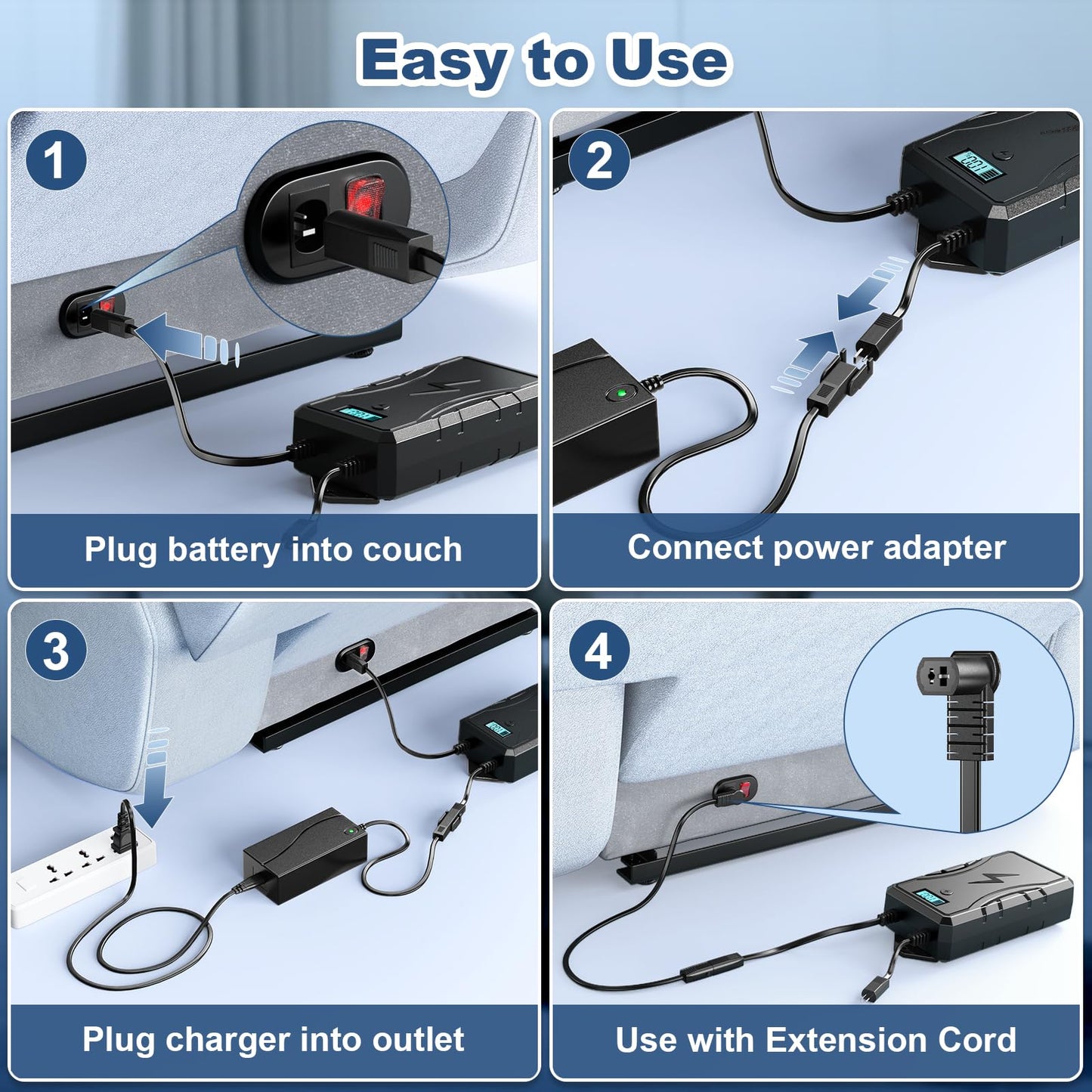 SWANPOW Battery Pack for Reclining Furniture, 2500mAh Universal Recliner Battery Pack Rechargeable with LED Display for 2-Pin Electric Recliner, Sofa, Lift Chair, Couch, Motion Furniture