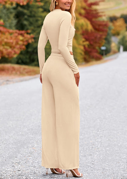 Coordinated outfit — PrettyGarden women's long sleeve crop top and wide leg pants set