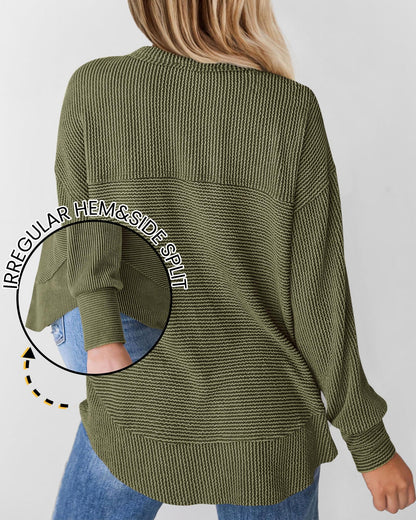 KIRUNDO shirt — casual ribbed knit long sleeve button v neck blouse for women