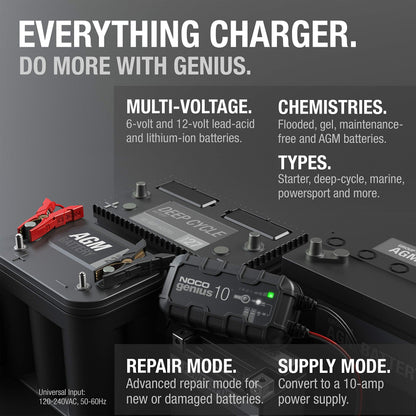 NOCO genius10 battery charger — 10A smart charger with desulfator and temperature compensation
