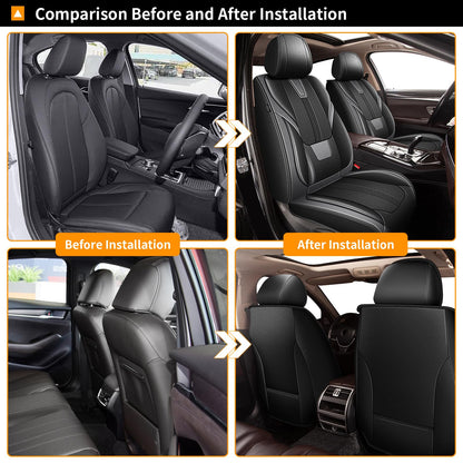 AOMSAZTO vehicle seat cover — Faux leather, waterproof, breathable design in black and grey.