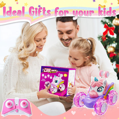 Kikikid Unicorn remote control car — 360° rotating 4WD stunt vehicle with lights and rechargeable battery.
