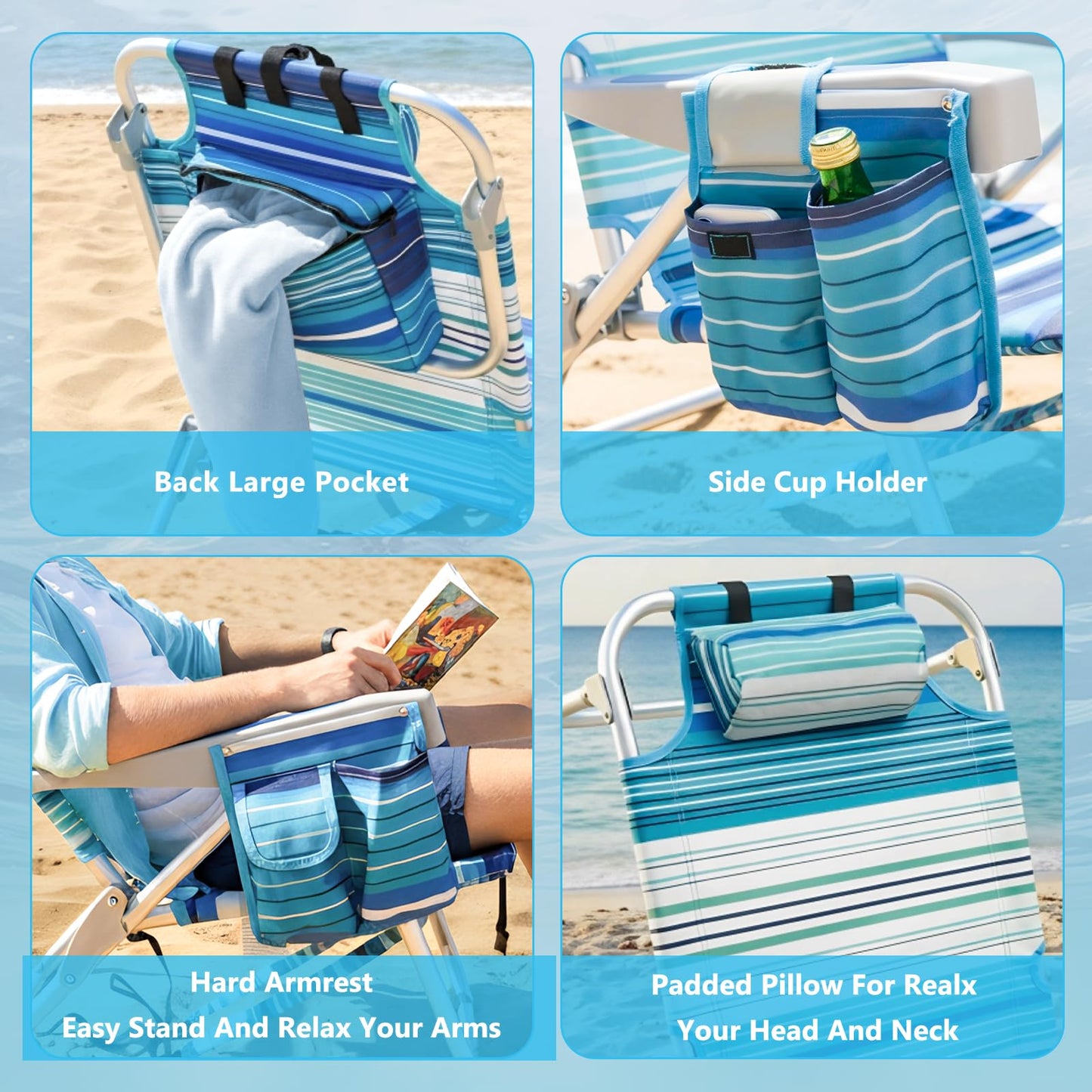 Folding Backpack Beach Chair for Adults, 5-Position Aluminum Lightweight Reclining Beach Chair, Low Sands Compact Chairs with Cup Holder and Padded Headrest for Lawn Patio Poolside,Supports 300lbs