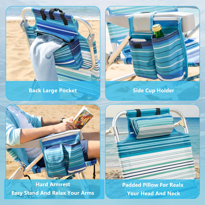 Folding Backpack Beach Chair for Adults, 5-Position Aluminum Lightweight Reclining Beach Chair, Low Sands Compact Chairs with Cup Holder and Padded Headrest for Lawn Patio Poolside,Supports 300lbs