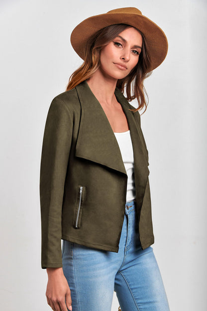 PRETTYGARDEN faux suede cropped coat with open front design