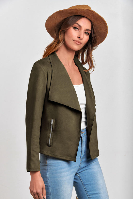PRETTYGARDEN faux suede cropped coat with open front design
