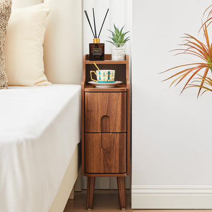 Narrow End Table Living Room, Wooden Small 2 Drawer Nightstand Bedroom, Thin Couch Side End Table, Vintage Skinny Bedside Table Small Spaces, Mid Century Modern Night Stand with Drawers (Walnut-1 pc)