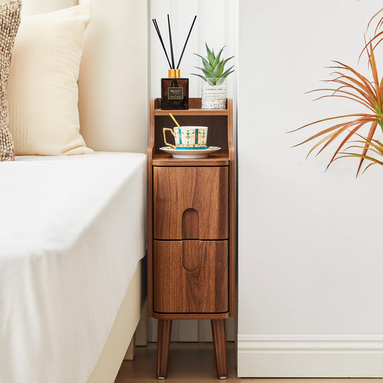 Narrow End Table Living Room, Wooden Small 2 Drawer Nightstand Bedroom, Thin Couch Side End Table, Vintage Skinny Bedside Table Small Spaces, Mid Century Modern Night Stand with Drawers (Walnut-1 pc)