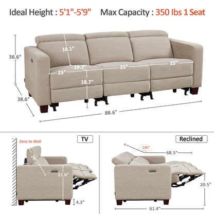 MCombo 88.6'' Reclining Sofa, Wall Hugger Power Recliner Sofa with Adjustable Headrest, USB A & C Charge Ports, Wood Legs, for Living Room (Fabric, HL198M3) (Beige, 3-Seater)