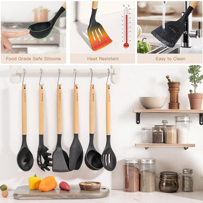 Food spatula — 39 piece silicone cooking utensils set with wooden handle by Astercook