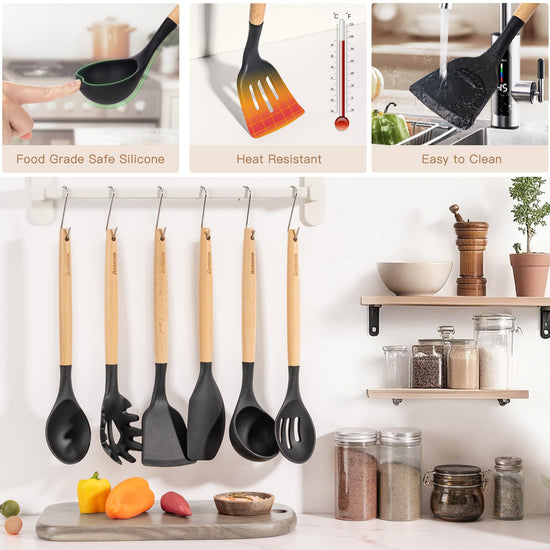 Food spatula — 39 piece silicone cooking utensils set with wooden handle by Astercook