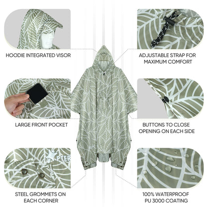 PTEROMY hooded rain poncho coat - waterproof lightweight design for adults with pocket