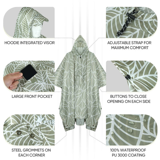 PTEROMY hooded rain poncho coat - waterproof lightweight design for adults with pocket