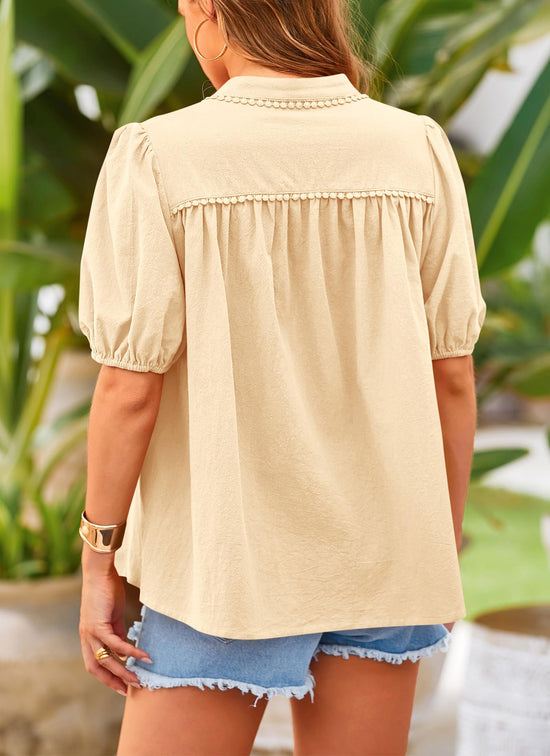 PRETTYGARDEN shirt with button down design and short lantern sleeves