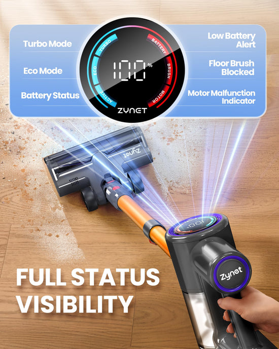 Zynet S8 cordless vacuum cleaner — lightweight design with LED display and headlights