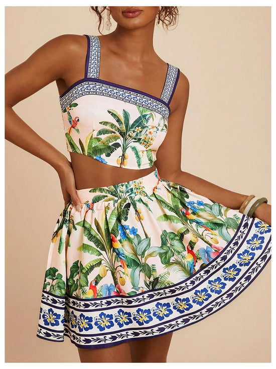 Floerns coordinated outfit with tropical crop cami top and summer skirt set