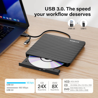 Amicool optical disc drive — external USB-C and USB 3.0 compatibility for multiple systems