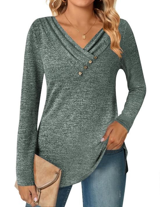 Zeagoo women's long sleeve tunic shirt with v neck and button detail for leggings