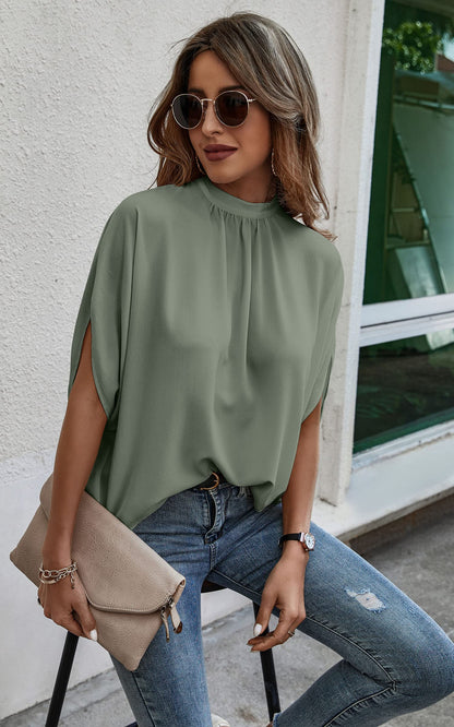Angashion shirt — Short sleeve self tie loose fit tunic blouse