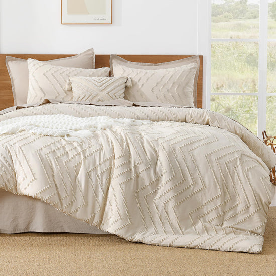 Litanika Boho Chevron Tufted Bedding Comforter Set, 3 Pieces Farmhouse Shabby Chic Textured Bed Set
