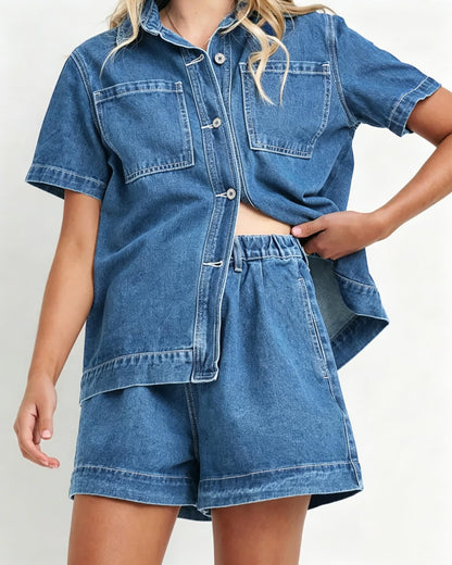 Kedera coordinated outfit — summer denim set with short sleeve boxy shirt and shorts pants
