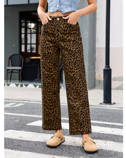 PANTS — Trendy high waisted cheetah print wide leg jeans by LookbookStore