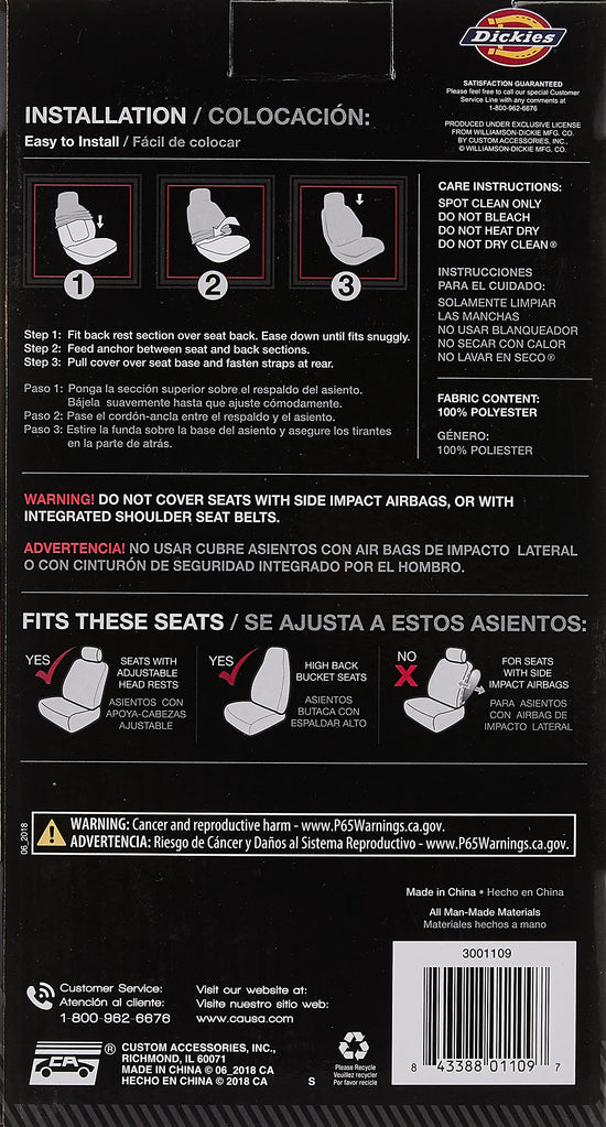 Dickies vehicle seat cover — heavy duty water-resistant design