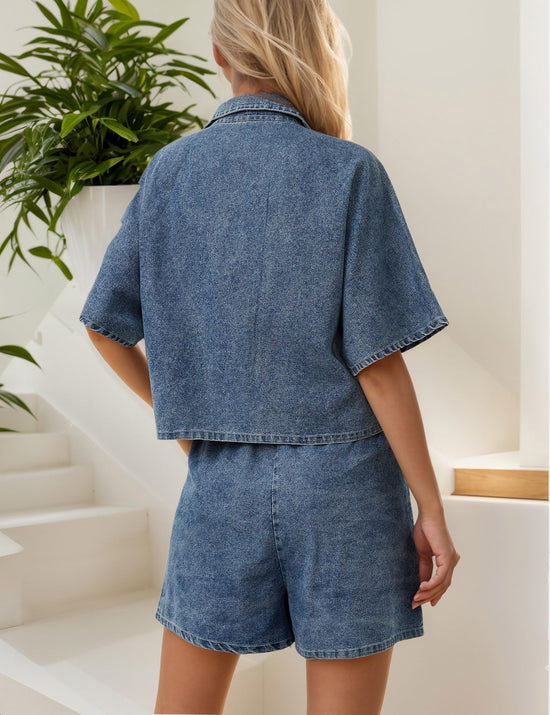 Zilcremo coordinated outfit — summer denim two piece set with crop shirt and shorts