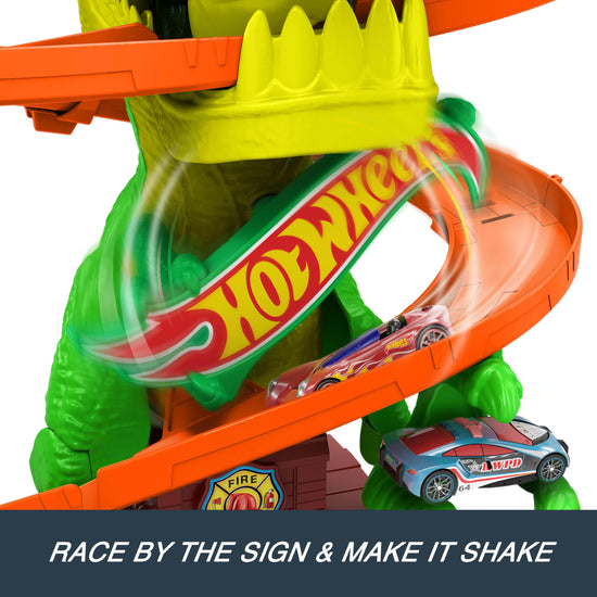 Hot Wheels toy vehicle set — City T-Rex blaze battle with spinning dinosaur eyes